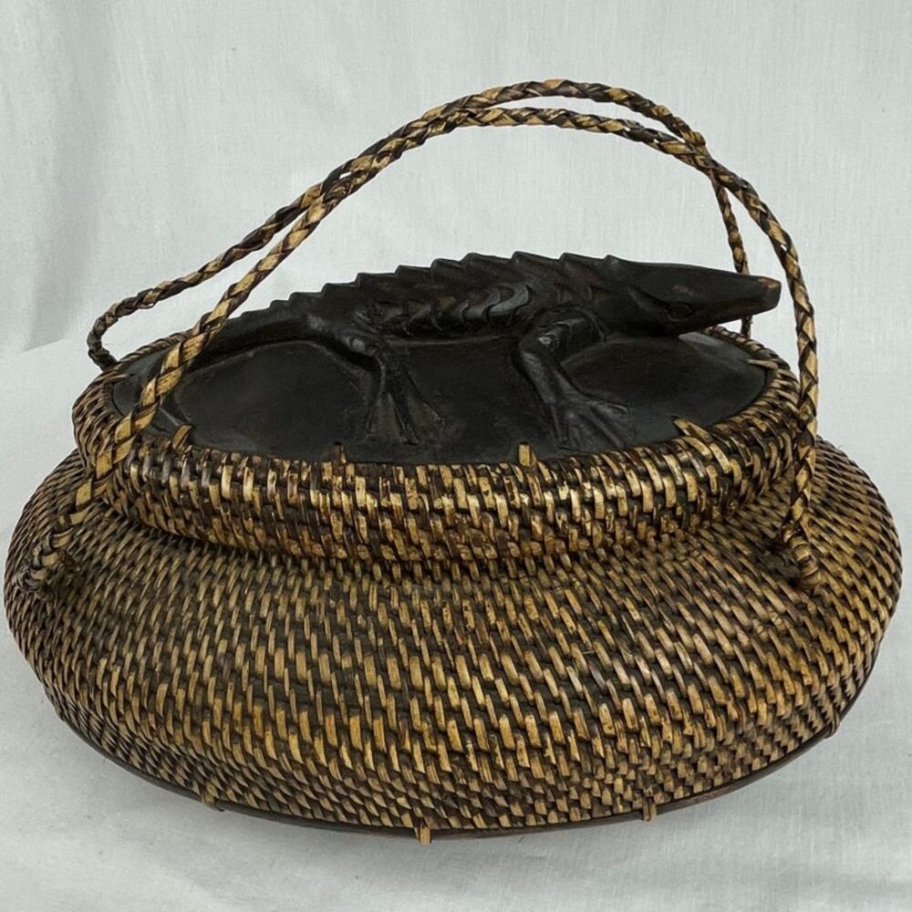 Vintage Hand Woven Lidded Basket with Alligator Finial